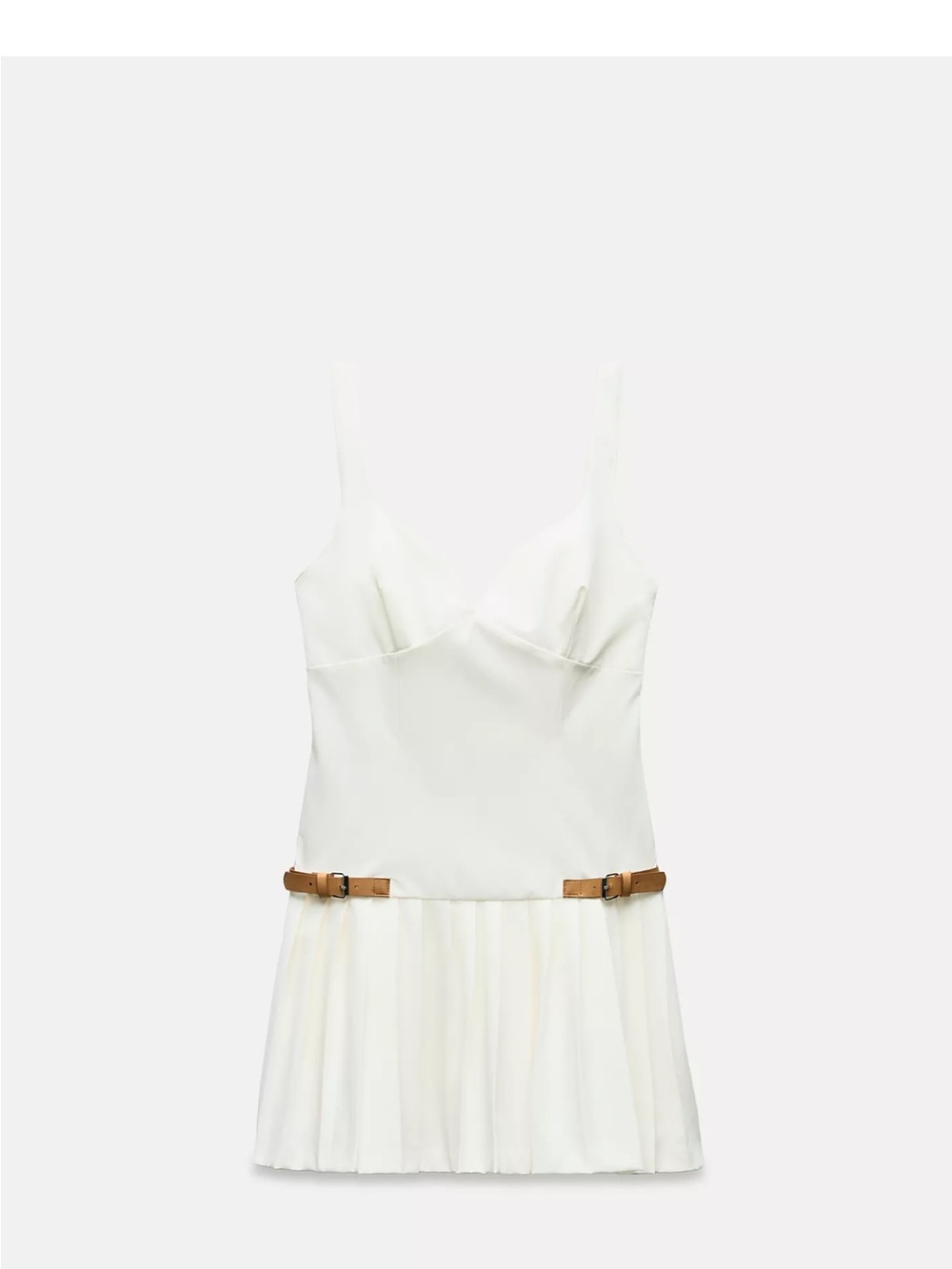 Zara White Pleated Mini Dress with Brown Belt Detail - Picture 3 of 3